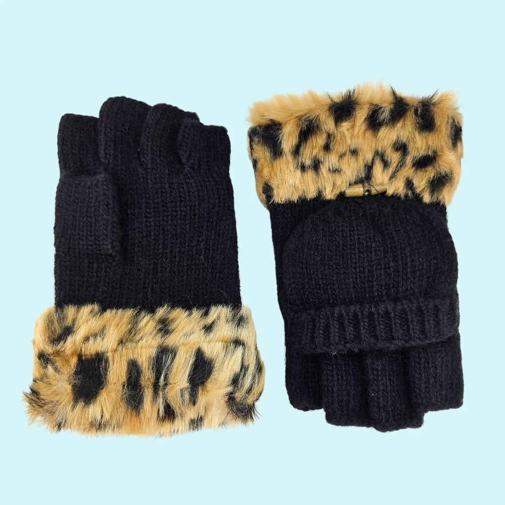 Adrienne Landau Gloves Black Leopard Fingerless Convertible Wool Blend Faux Fur